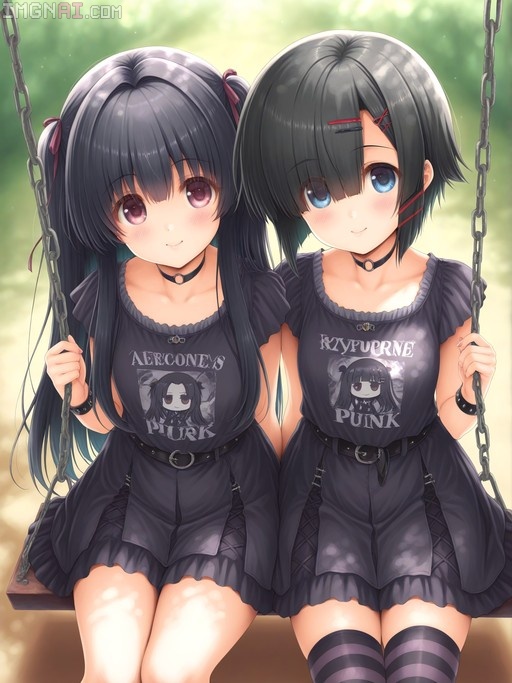 Two anime girls in black goth and punk outfits sitting side-by-side on a swing outdoors.