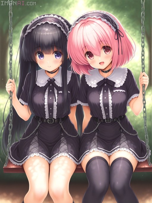 Two anime girls sitting on a wooden swing wearing matching dark gothic lolita dresses with white frills and chokers.