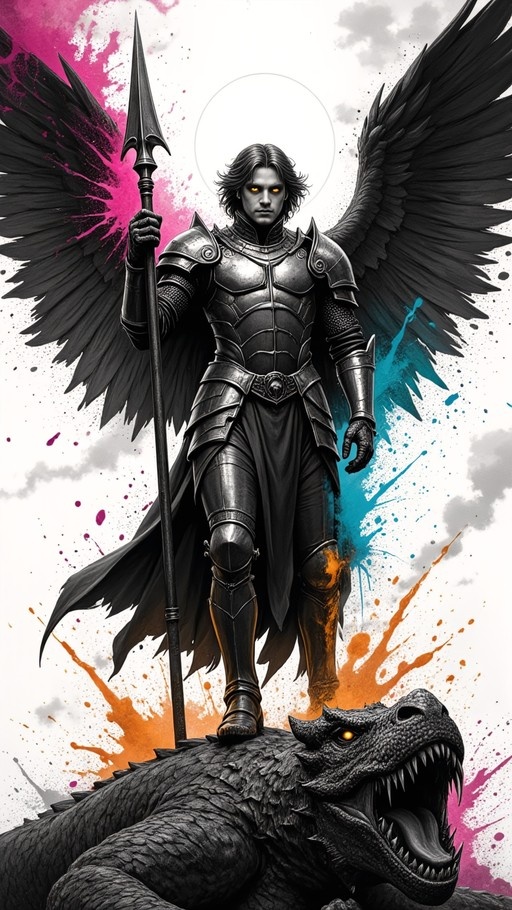 An armored winged warrior holding a spear stands atop the head of a roaring dragon against a colorful background.