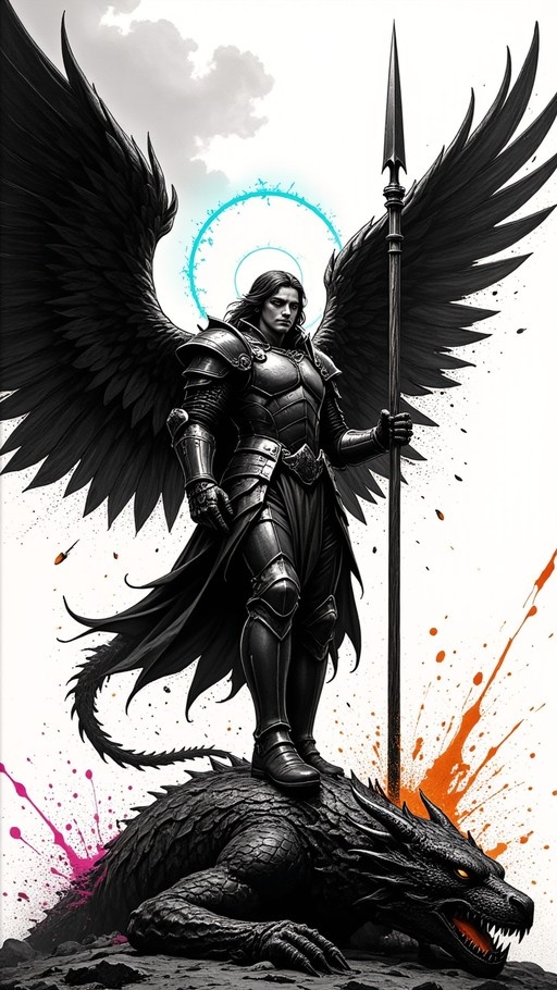 A dark angel in black armor with large wings stands on top of a slain dragon holding a spear, featuring a glowing cyan halo and colorful blood splatter accents.