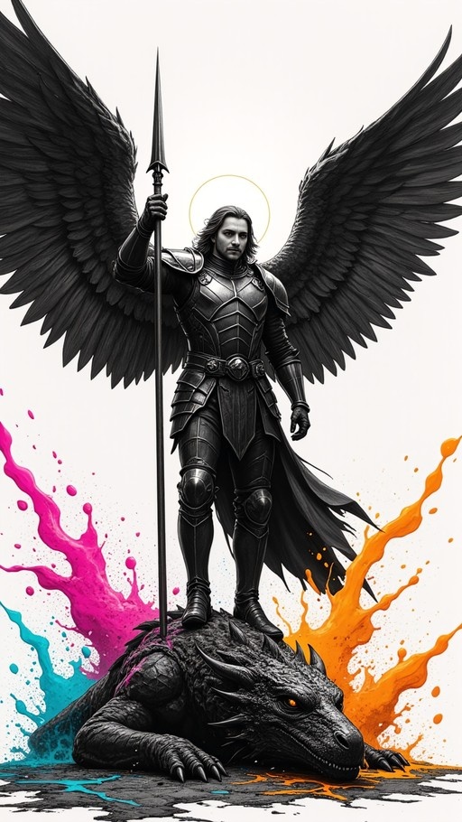 A digital illustration of an armored male warrior with large black wings and a golden halo standing on the back of a defeated dragon, holding a spear upright against a white background with pink and orange paint splashes.