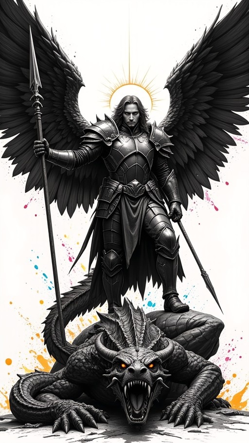 A winged male warrior in full black plate armor holds a spear while standing over a coiled dragon with glowing eyes against a white background with colorful splatters.