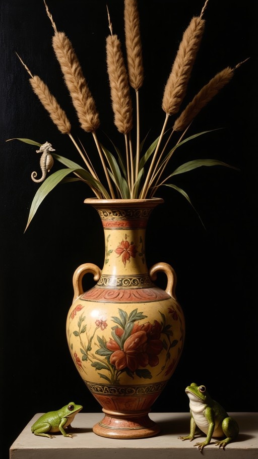 A large yellow vase with red flowers holding dried grasses sits between two green frogs and a small seahorse on a leaf against a black background.
