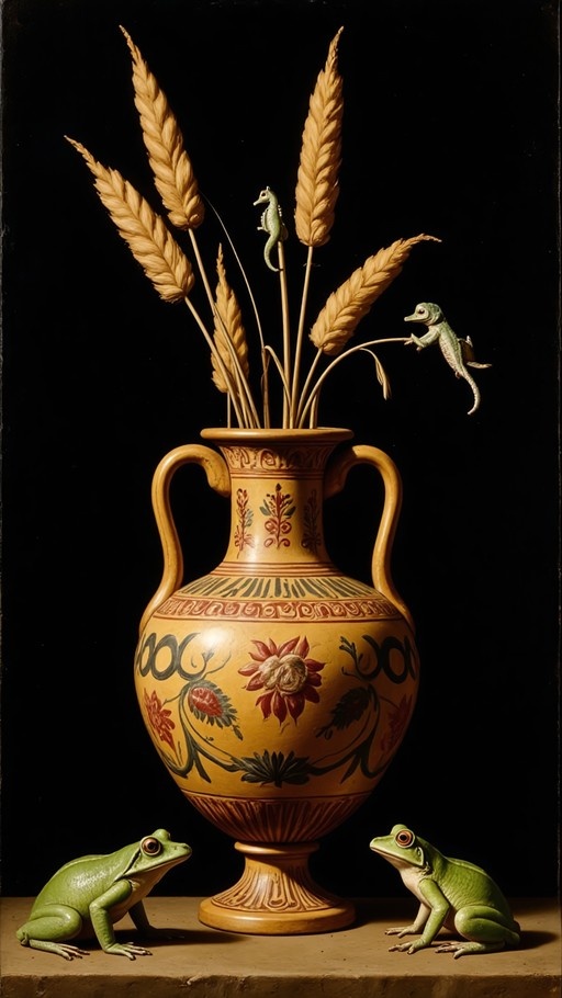 A classical still life painting of a large yellow vase with red and green patterns holding wheat stalks, flanked by two green frogs at the base and accompanied by a lizard and a small seahorse on the stalks against a black background.