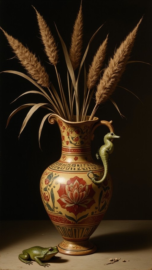 A green frog sits on a surface in front of an ornate yellow vase filled with tall dried grasses, while a small green reptile clings to the handle against a dark background.
