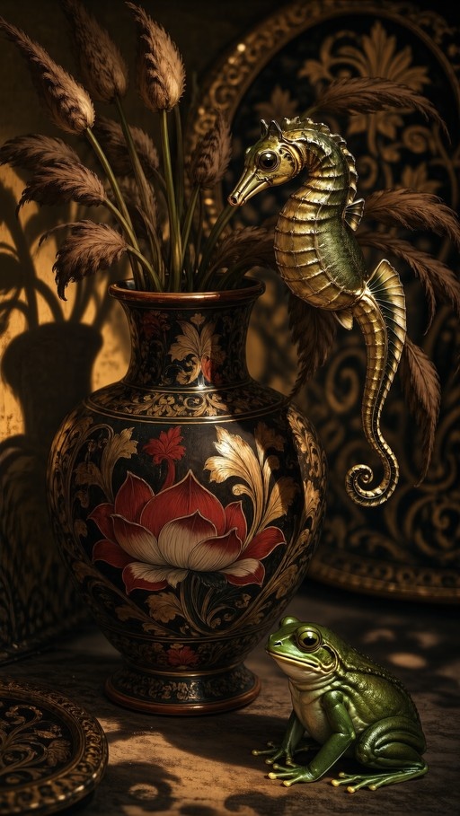 A shiny golden seahorse perched on the rim of a large black and gold vase decorated with a red lotus, while a glossy green frog sits in front of it indoors.
