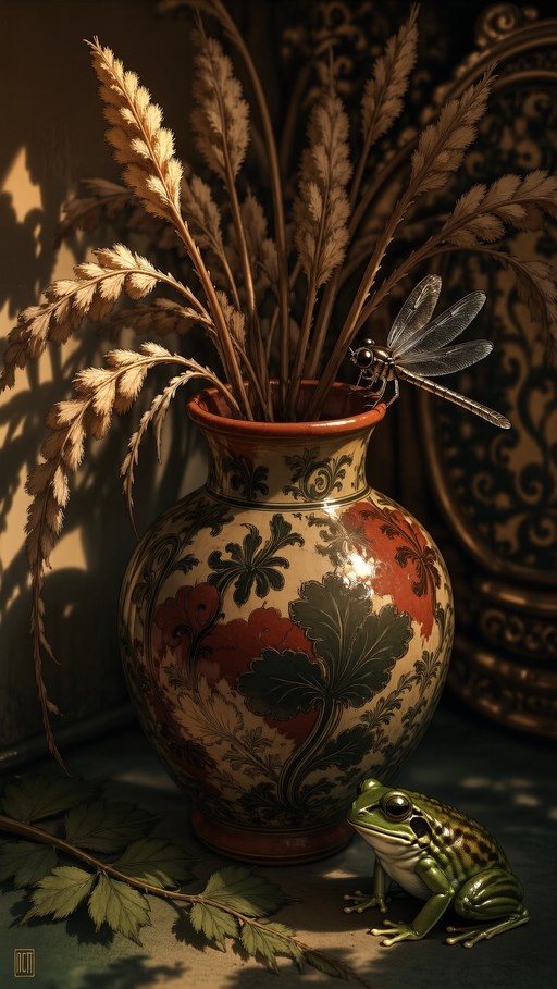 A shiny green frog sits on a surface next to an ornate cream vase filled with dried ferns, while a dragonfly rests on the rim in warm sunlight.