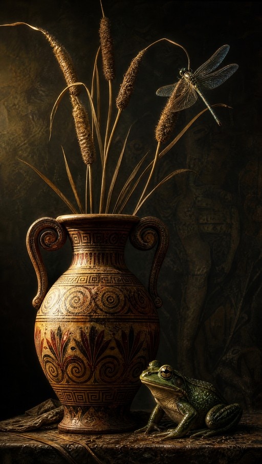 A green frog sits next to a large patterned vase filled with dried reeds while a dragonfly hovers above against a dark background.