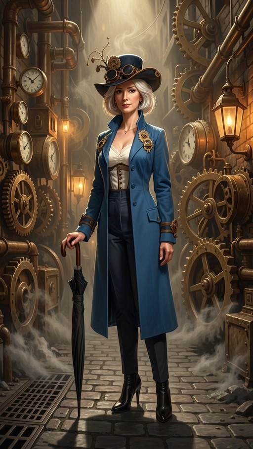 A full-body portrait of a white-haired steampunk woman in a blue coat and top hat holding an umbrella amidst brass gears and pipes.