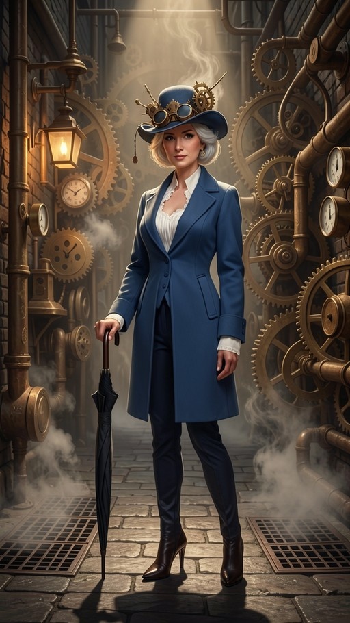 A full-body shot of a steampunk woman with short white-blonde hair wearing a blue coat and a hat with goggles, holding an umbrella in front of large brass gears and pipes.