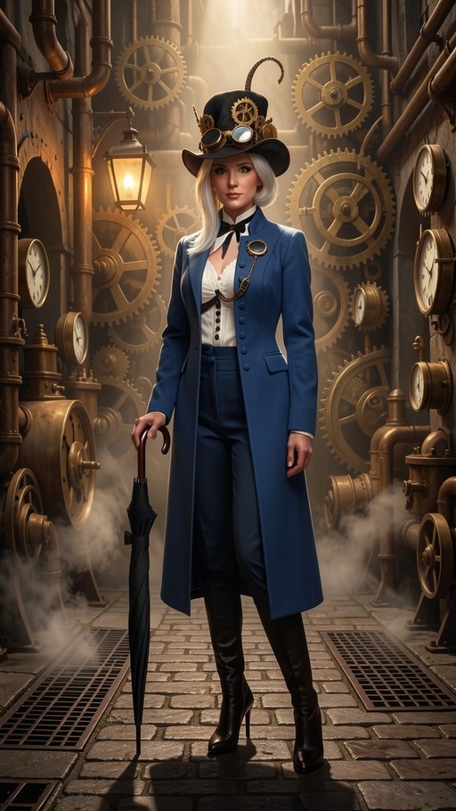 A steampunk woman with white hair in a blue coat and top hat holding an umbrella amidst brass gears and steam.