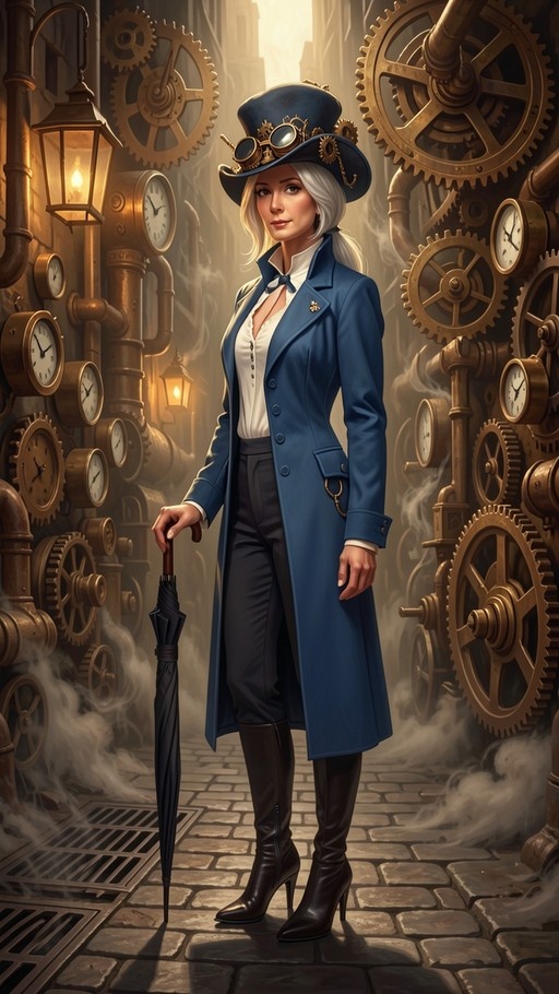 A full-body portrait of a white-haired woman in a steampunk outfit, featuring a blue trench coat, top hat with goggles, and tall boots, standing before a backdrop of brass gears and clocks while holding a closed black umbrella.