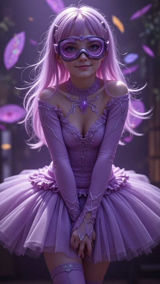 A young woman with long pink hair wearing a purple off-the-shoulder dress with a puffy skirt and large ornate goggles over her eyes.
