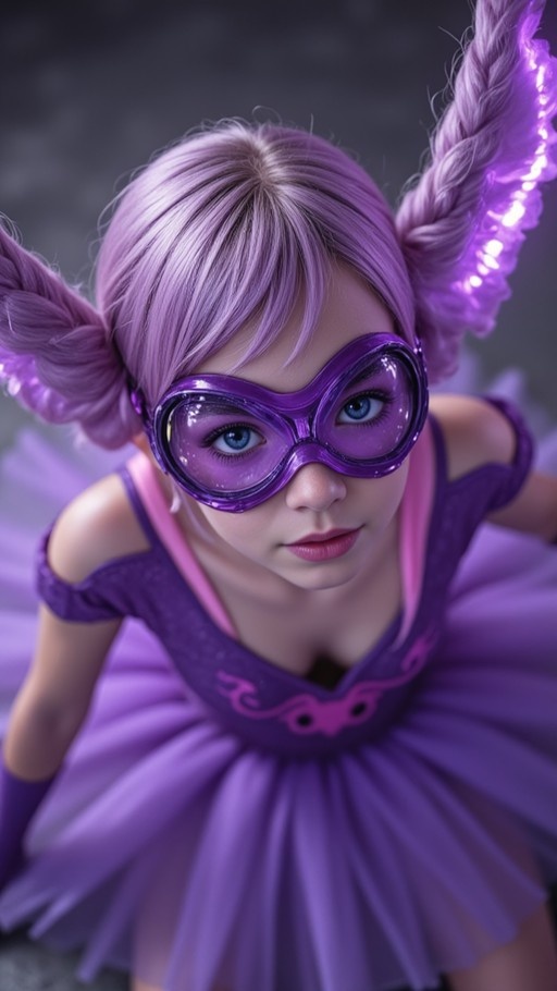 A girl with purple hair in glowing twin braids wears a purple magical girl costume with a tutu and large goggles while looking at the camera from a low angle.