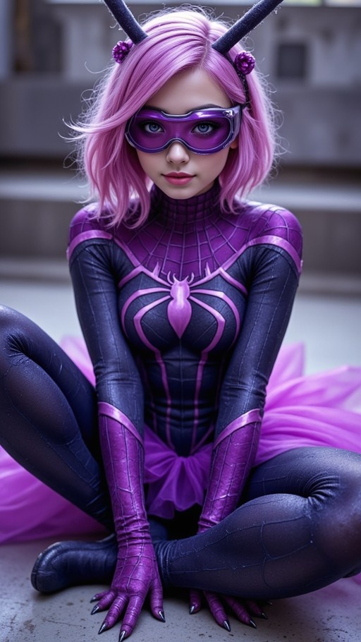 Pink-haired superheroine in a black and purple spider-suit sitting cross-legged