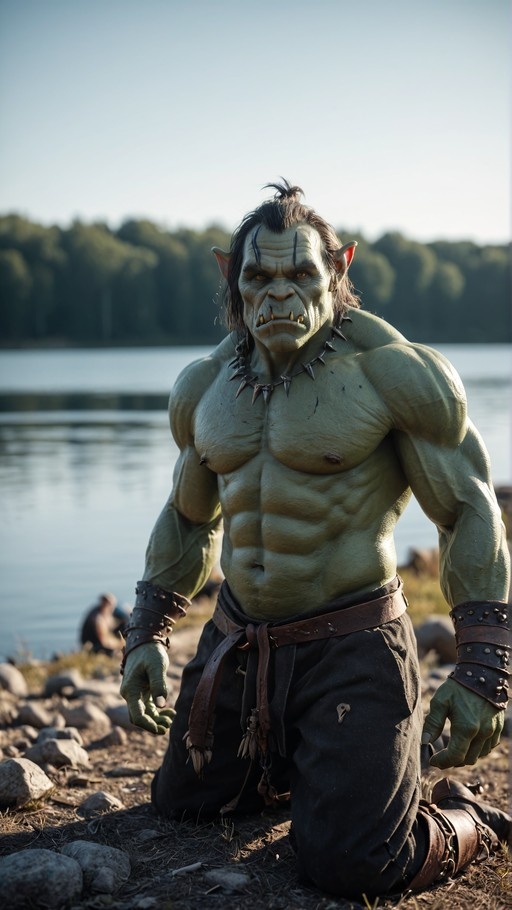 Muscular green-skinned orc kneeling by a lake, featuring tusks, pointed ears, defined abs, and leather accessories.
