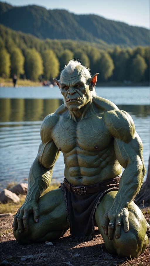 A muscular green-skinned orc with white hair and tusks kneels on the ground near a lake, looking forward with an intense expression.