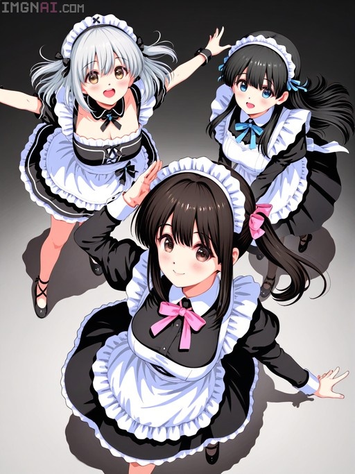 High-angle view of three anime girls in maid outfits with black, grey, and white hair looking down at the viewer.