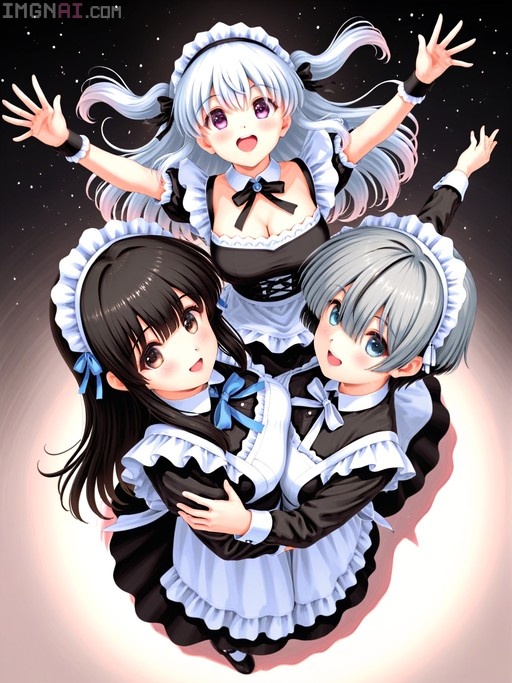 Three anime girls in black and white maid dresses looking up happily from a high angle against a starry night sky.