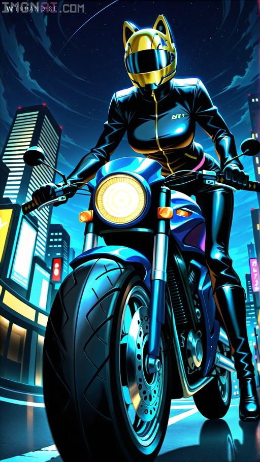 Celty Sturluson wearing a golden cat helmet riding a blue motorcycle through a neon city at night