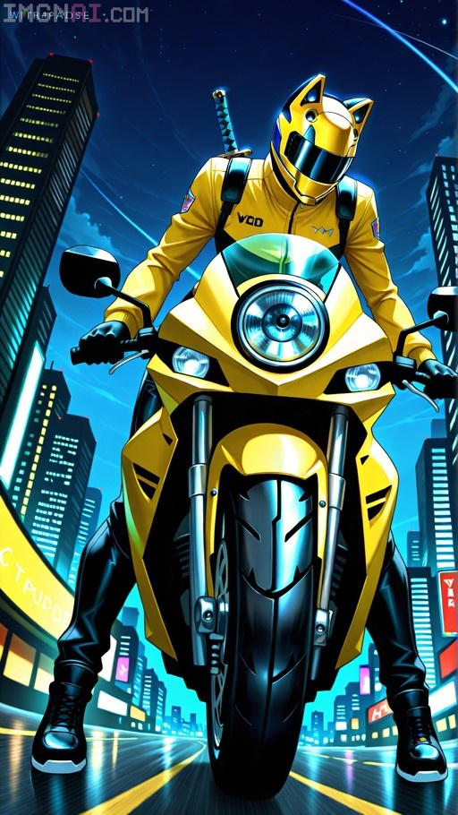 Celty Sturluson riding a yellow motorcycle through a night cityscape, wearing a yellow jacket and cat-ear helmet with a sword on her back