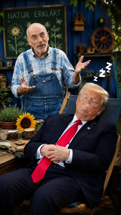 Donald Trump sleeping in a chair while a man in overalls gestures near a chalkboard reading "NATUR ERKLÄRT" with sunflowers nearby.