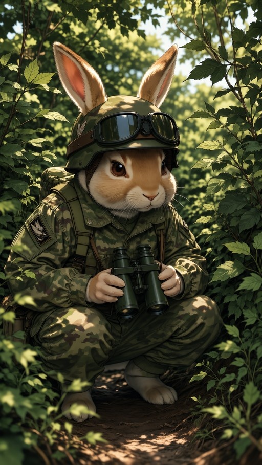 A brown and white rabbit in a green camouflage uniform and helmet with goggles crouches in a sunlit forest holding binoculars.