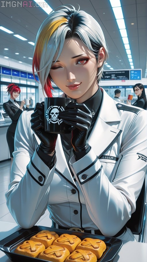 A digital illustration of the Overwatch character Mercy winking while holding a black skull-logo mug in an airport food court setting with pastries on the table.