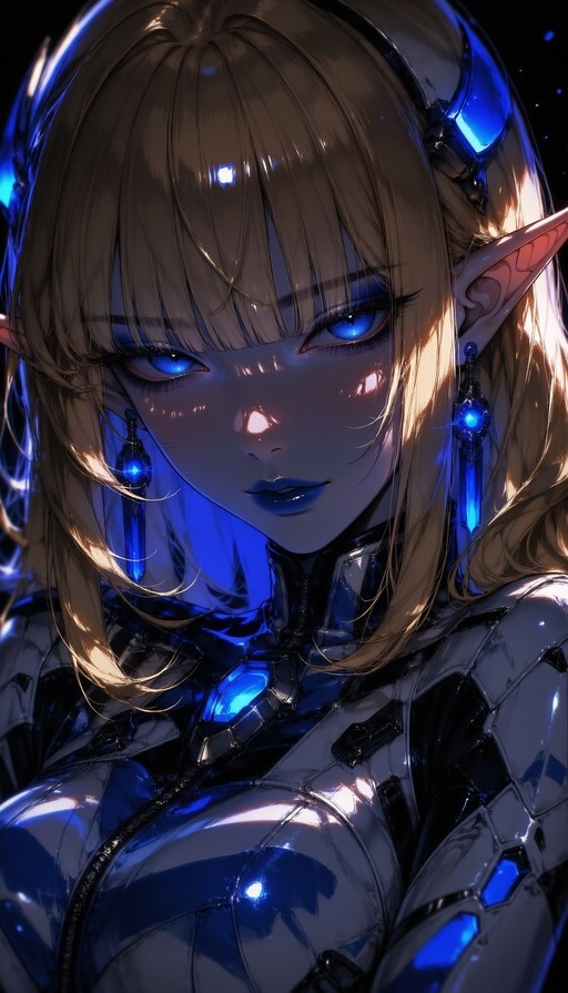 A close-up digital illustration of a blonde elf woman with pointed ears and blue eyes, wearing a shiny white futuristic suit with glowing blue accents and large dangling earrings.