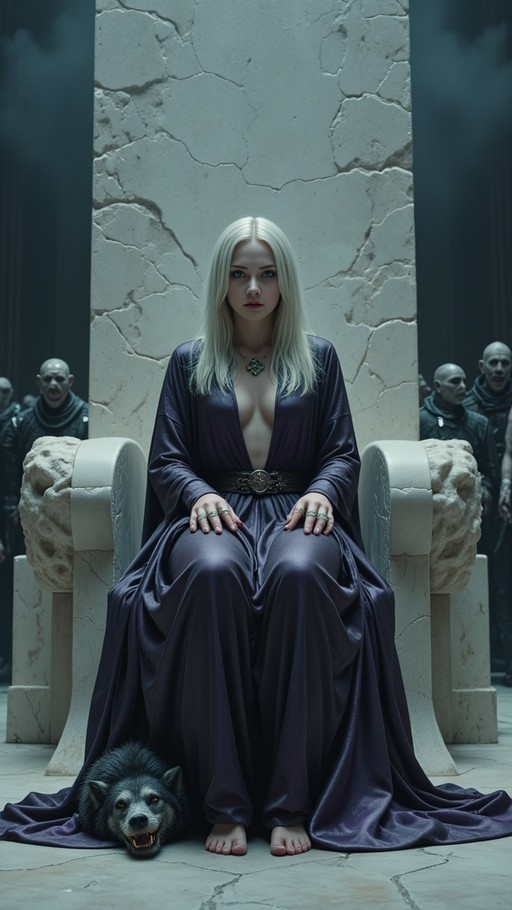 A platinum blonde woman in a purple robe sits on a stone throne with a grey wolf at her feet and guards in the background.