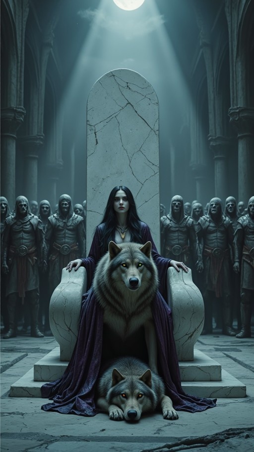 A gothic queen in a purple robe sits on a white stone throne with two wolves under moonlight while armored skeletons stand behind her.