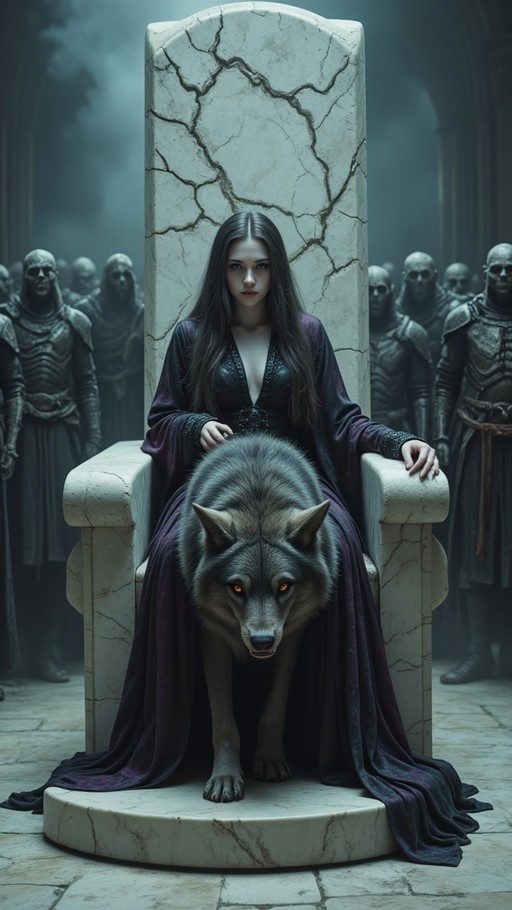 A dark-haired woman in a purple robe sits on a cracked stone throne with a large grey wolf having glowing orange eyes resting at her feet while armored guards stand in the background.