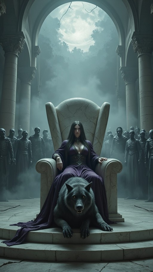 A dark-haired woman in a purple gown sits on a large stone throne with a black wolf lying at her feet, while an army of undead figures stands in the misty background under a full moon.