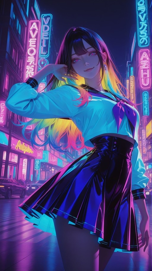 An anime-style illustration of a young woman with long black hair fading into blue, yellow, and pink stands on a neon-lit city street at night. She wears a light blue sailor uniform top and a shiny black pleated skirt, smiling amidst glowing cyan and magenta signs.