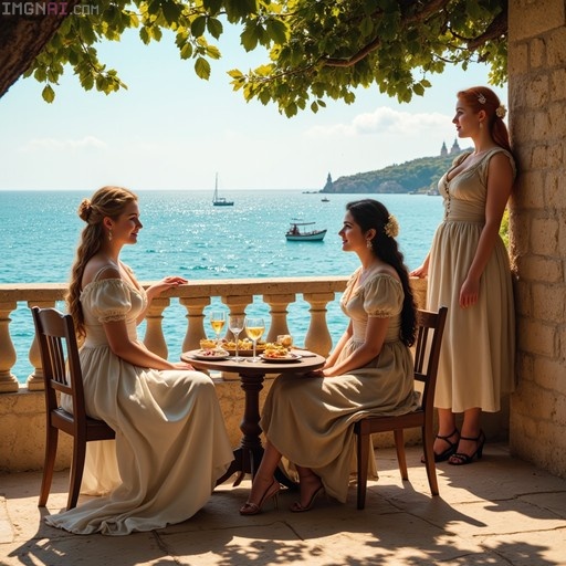 Three women in historical gowns sit and stand on a stone balcony overlooking the ocean with boats in the distance.