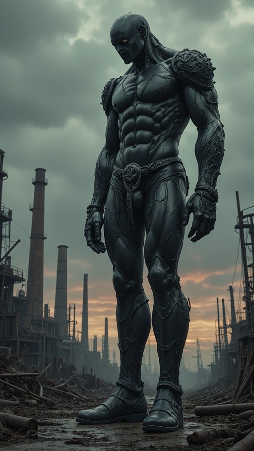 A full-body shot of a tall, muscular figure with dark grey skin and glowing yellow eyes standing in a desolate industrial wasteland. The figure wears ornate black armor on its shoulders and limbs. Ruined smokestacks and debris fill the background under a cloudy sky.
