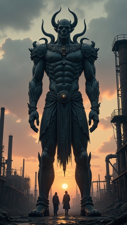A colossal multi-horned dark-skinned demon with a skull-like face stands in an industrial landscape at sunset, towering over two small human figures.