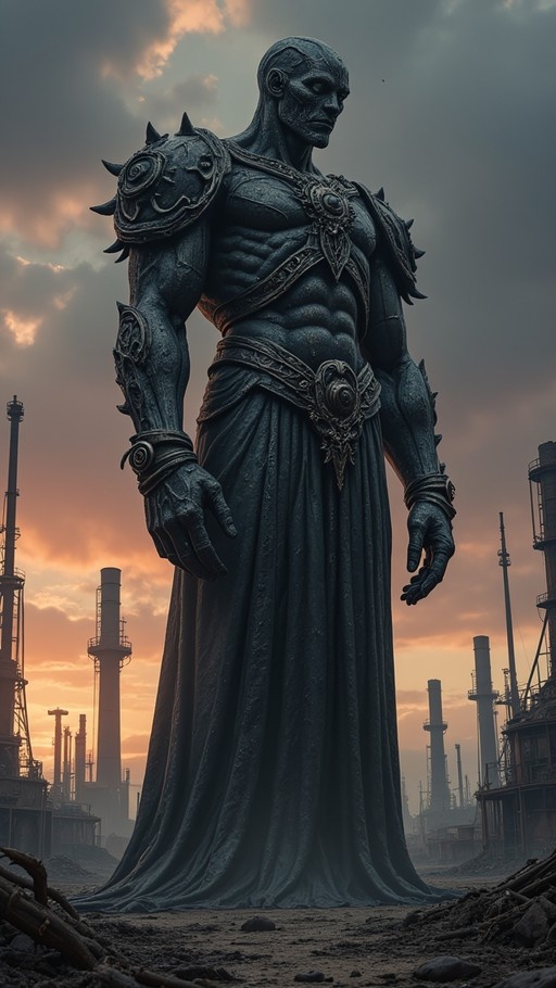 A colossal grey-skinned warrior with ornate spiked shoulder armor and a long skirt stands amidst industrial ruins under a cloudy sky.