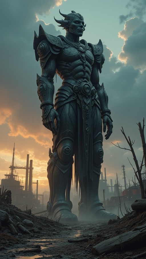 A giant horned figure in dark armor stands in a ruined city at sunset.