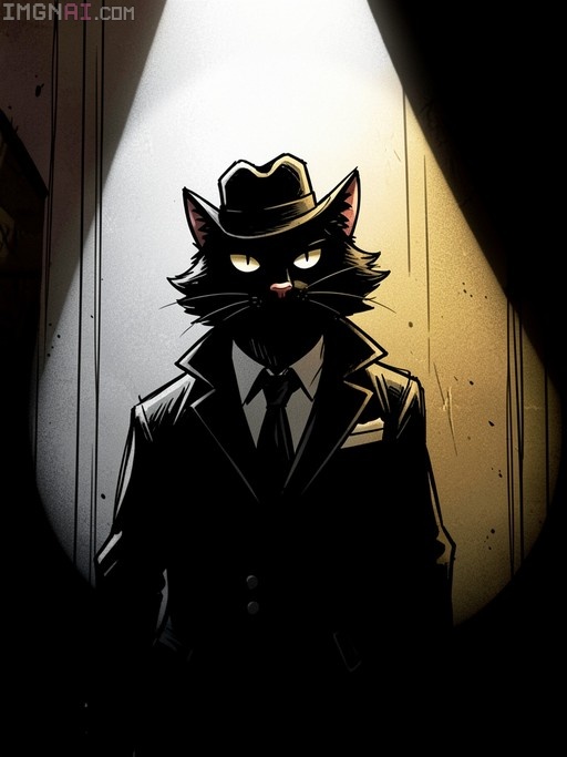 A gritty 2D sketch of an anthropomorphic black cat wearing a fedora and suit, illuminated by a dramatic spotlight in a film noir style.