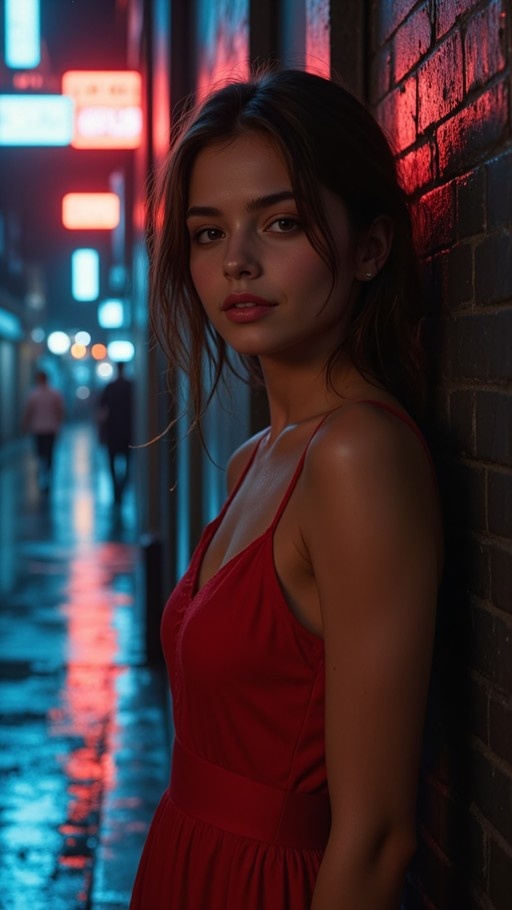 A young woman with brown hair and a red dress leans against a brick wall in a neon-lit alley at night.
