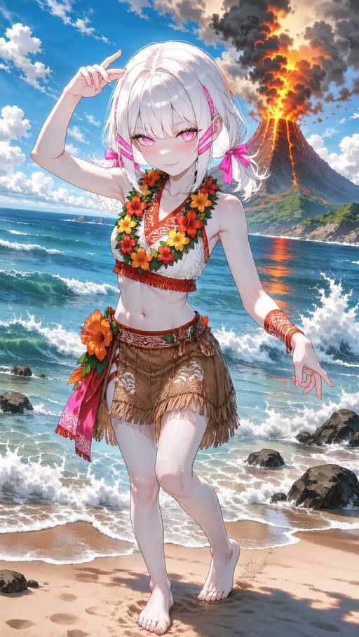 A white-haired anime girl wearing a flower lei and grass skirt poses on a beach making a peace sign, with an erupting volcano in the background.