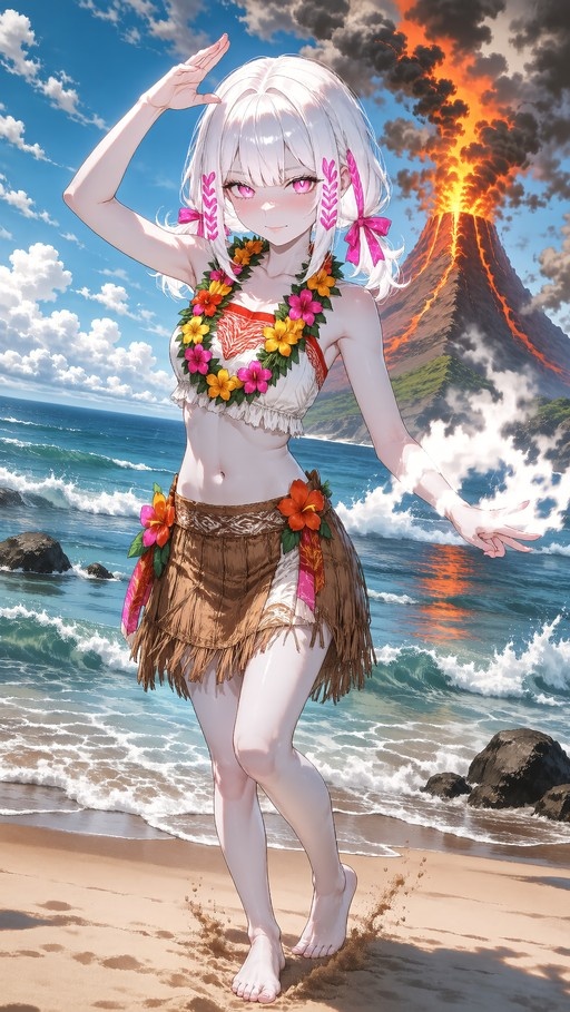 White-haired anime girl in hula outfit saluting on a beach with an erupting volcano in the background.