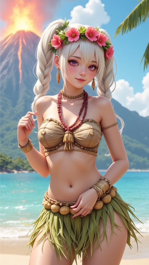 A digital illustration of a white-haired anime girl with pink eyes wearing a flower crown and tribal attire standing on a beach with an erupting volcano in the background.