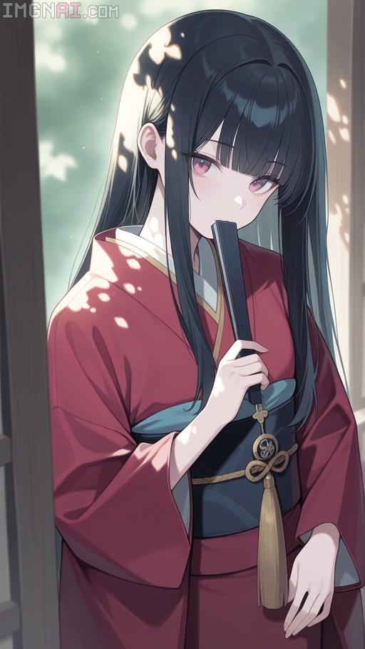 Anime girl with long black hair and pink eyes wearing a red kimono, holding a folded fan near her mouth in dappled sunlight.