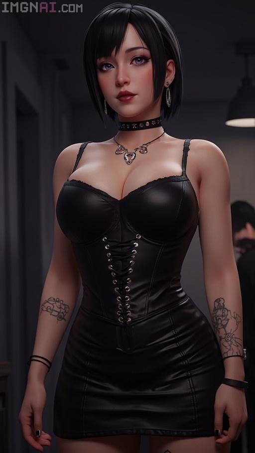 A hyper-realistic portrait of a goth woman with short black hair and purple eyes wearing a black leather corset dress and silver jewelry.
