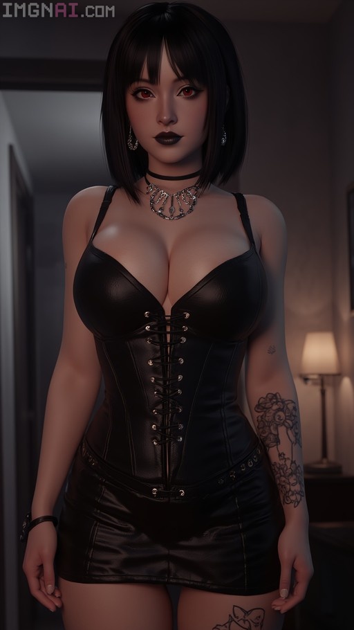 A hyper-realistic digital illustration of a goth woman with short black hair and red eyes, wearing a black leather corset dress and silver jewelry in a dimly lit room.