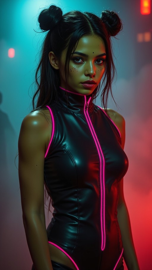 A woman with dark hair in double buns and freckles wearing a black shiny bodysuit with pink neon trim against a blue and red background.