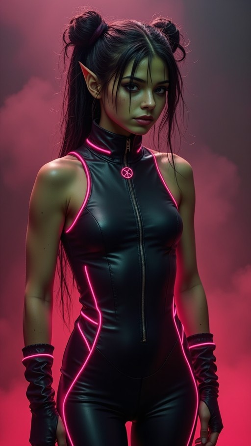 A green-skinned elf with pointed ears and dark hair in double buns wears a tight black bodysuit with pink neon lines and long gloves against a red background.