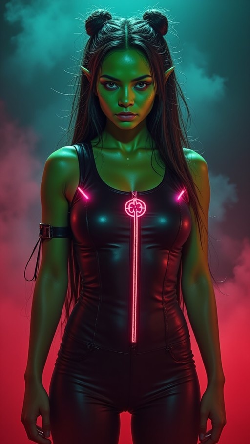 A green-skinned woman with pointed ears and twin buns wears a black bodysuit with a glowing pink zipper against a smoky teal background.
